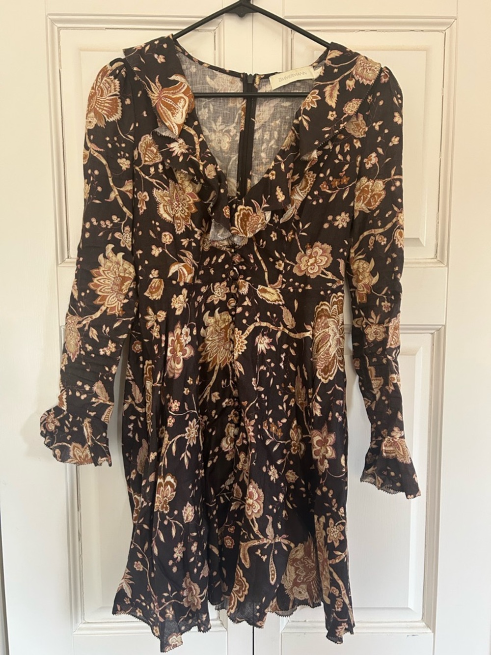 Zimmermann Veneto Dress Black Floral Long Sleeve Ruffle Dress with Tan Accents